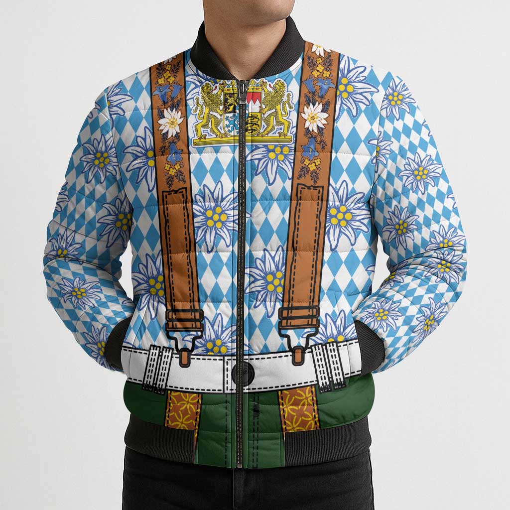 Bavarian Lederhosen Costume Style Bomber Puffer Jacket Edelweiss Rautenflagge Pattern - Wonder Print Shop