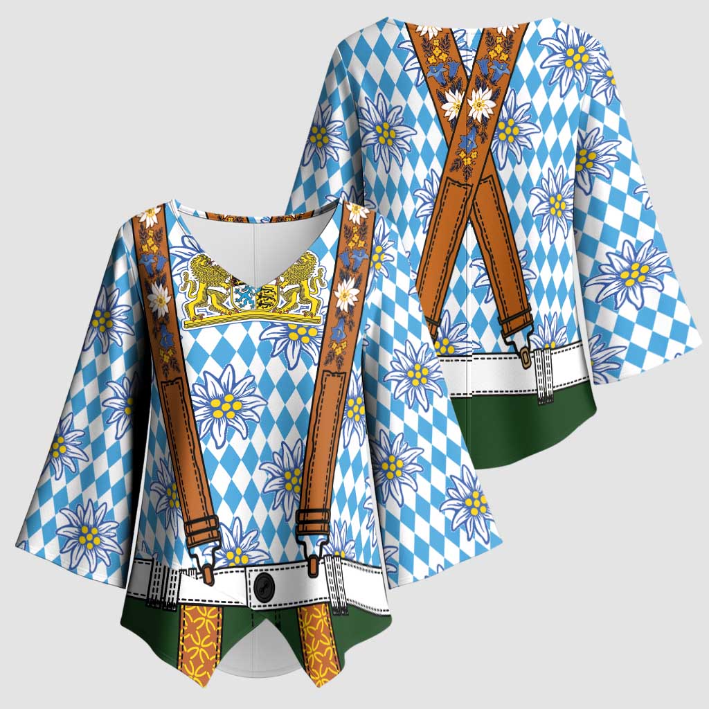 Bavarian Lederhosen Costume Style Kimono Sleeve Blouse Edelweiss Rautenflagge Pattern - Wonder Print Shop