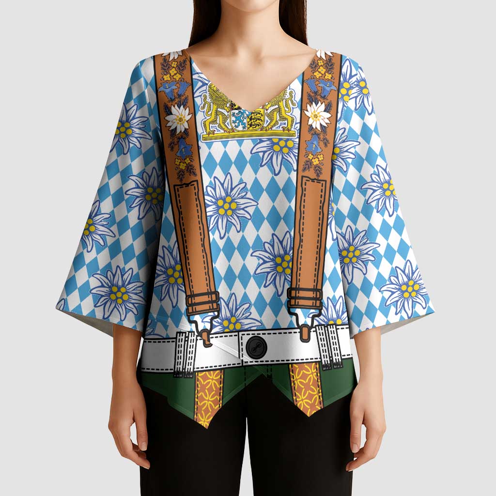 Bavarian Lederhosen Costume Style Kimono Sleeve Blouse Edelweiss Rautenflagge Pattern - Wonder Print Shop