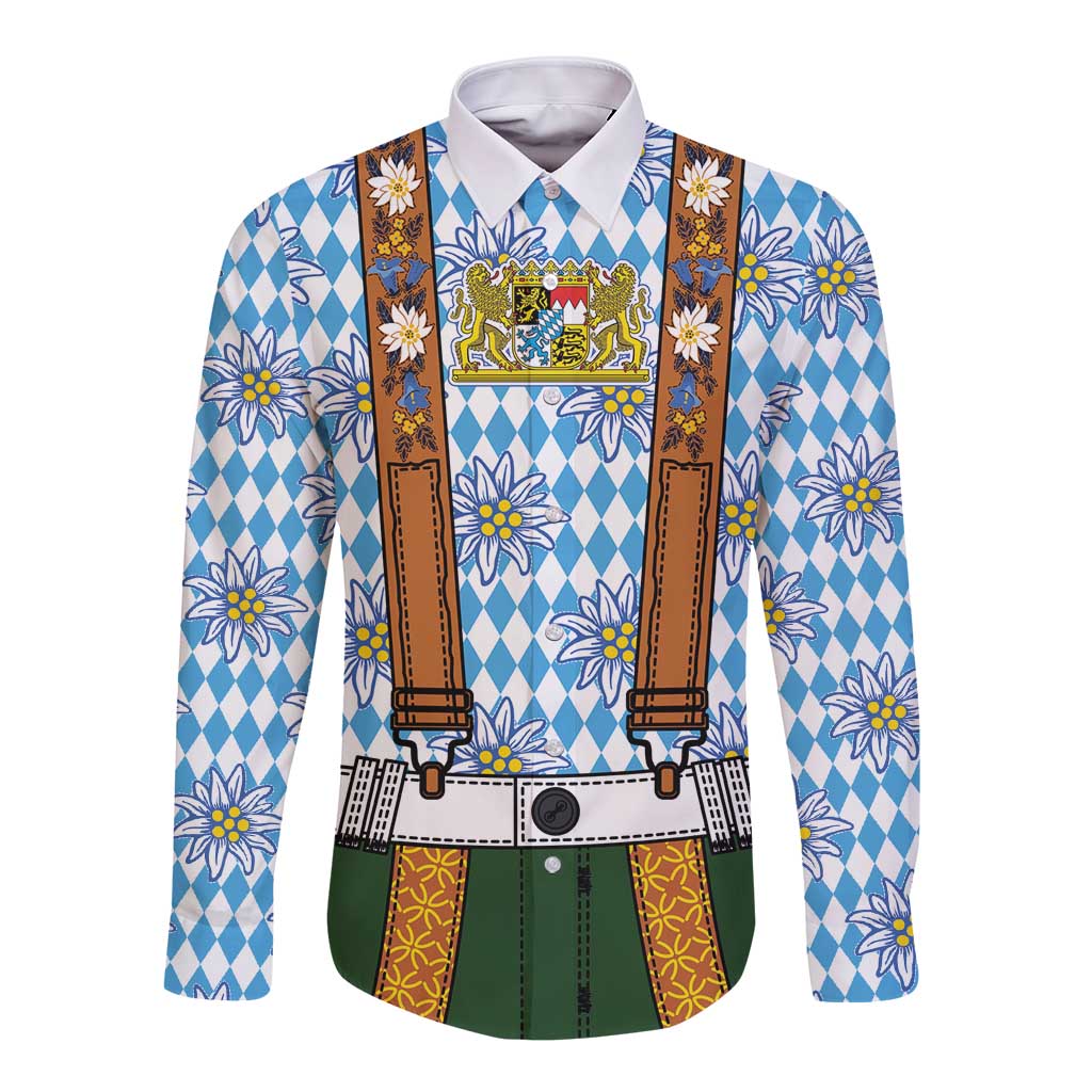 Bavarian Lederhosen Costume Style Long Sleeve Button Shirt Edelweiss Rautenflagge Pattern - Wonder Print Shop