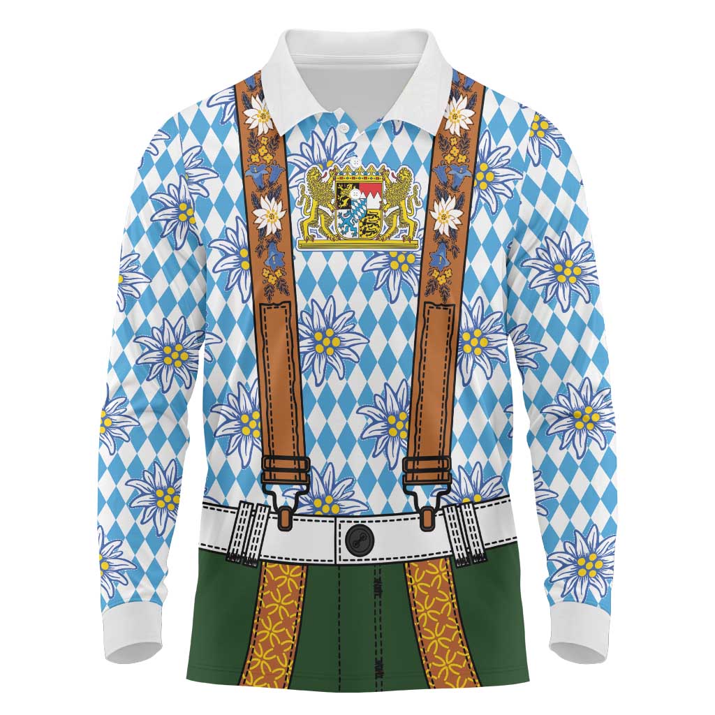 Bavarian Lederhosen Costume Style Long Sleeve Polo Shirt Edelweiss Rautenflagge Pattern - Wonder Print Shop