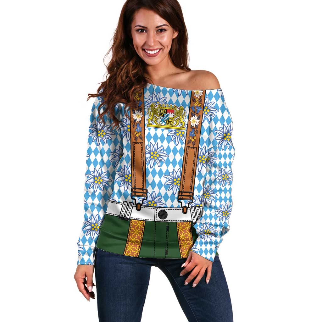 Bavarian Lederhosen Costume Style Off Shoulder Sweater Edelweiss Rautenflagge Pattern - Wonder Print Shop