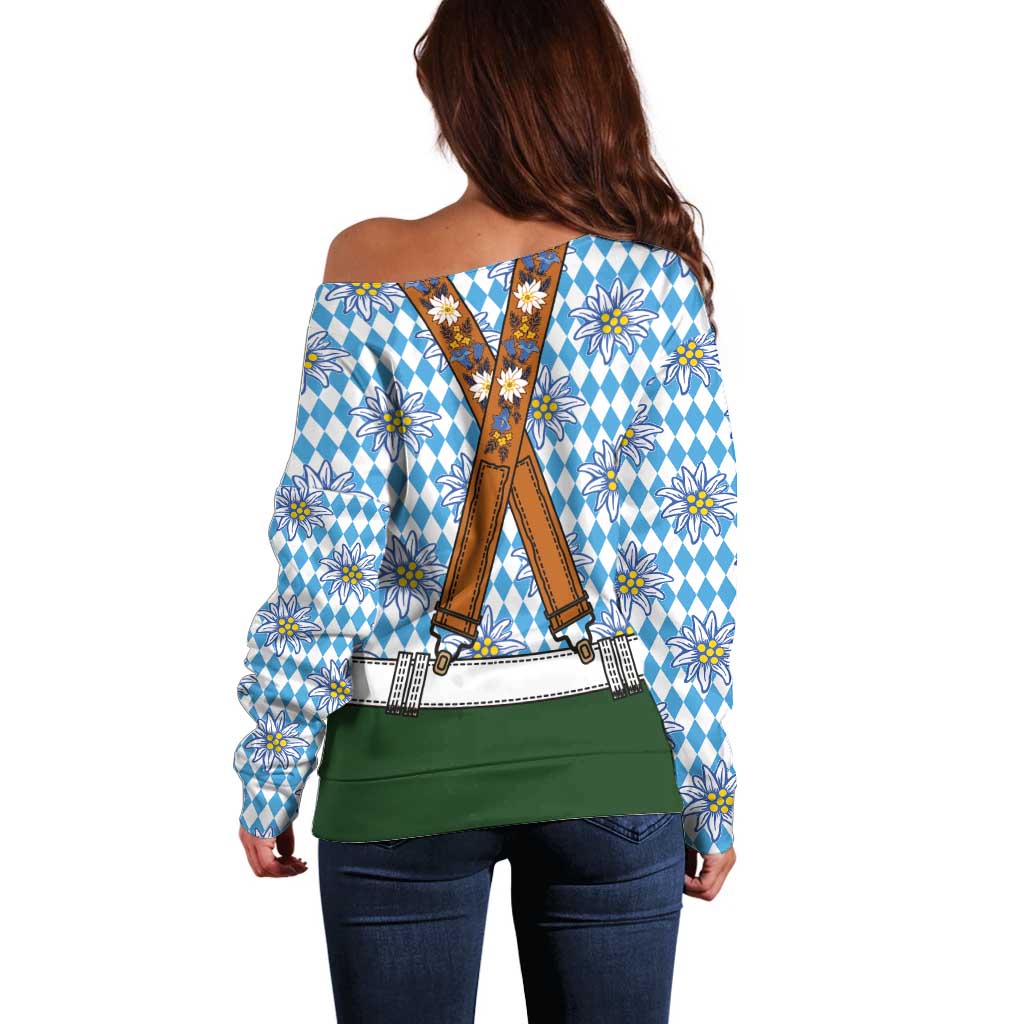 Bavarian Lederhosen Costume Style Off Shoulder Sweater Edelweiss Rautenflagge Pattern - Wonder Print Shop