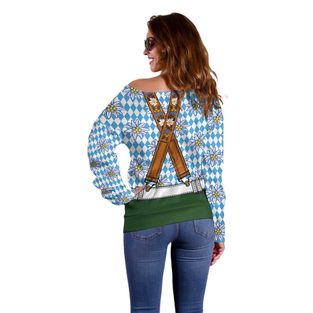 Bavarian Lederhosen Costume Style Off Shoulder Sweater Edelweiss Rautenflagge Pattern - Wonder Print Shop