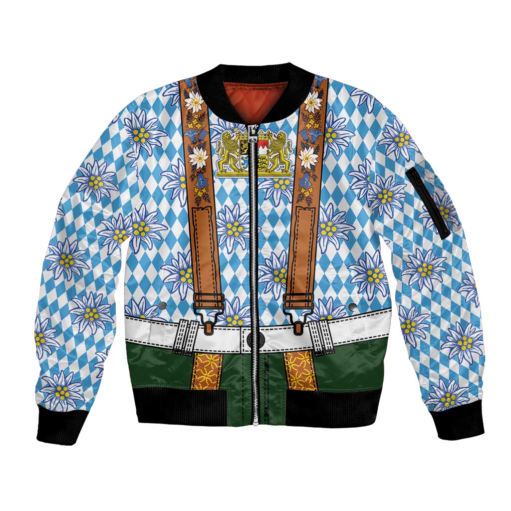 Bavarian Lederhosen Costume Style Sleeve Zip Bomber Jacket Edelweiss Rautenflagge Pattern - Wonder Print Shop