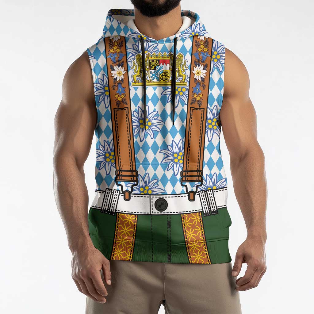 Bavarian Lederhosen Costume Style Sleeveless Hoodie Edelweiss Rautenflagge Pattern - Wonder Print Shop