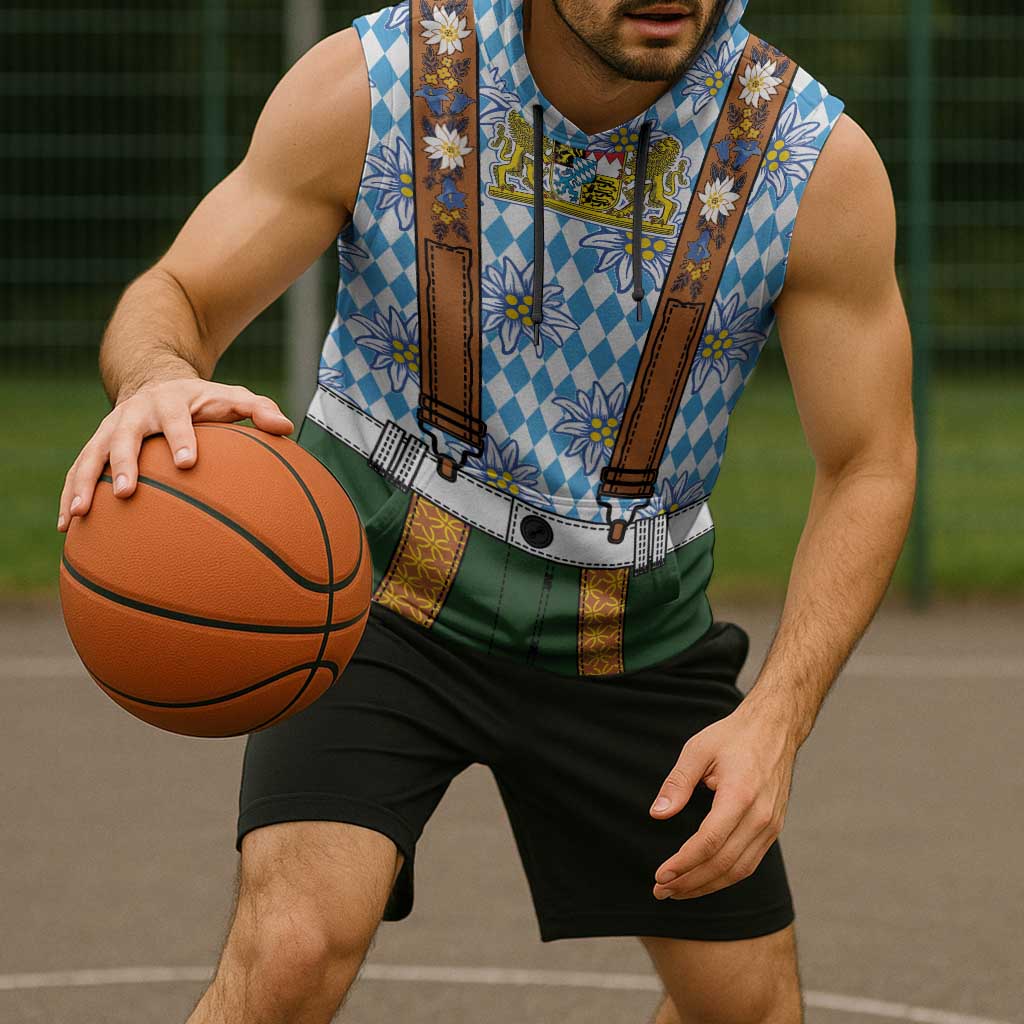 Bavarian Lederhosen Costume Style Sleeveless Hoodie Edelweiss Rautenflagge Pattern - Wonder Print Shop