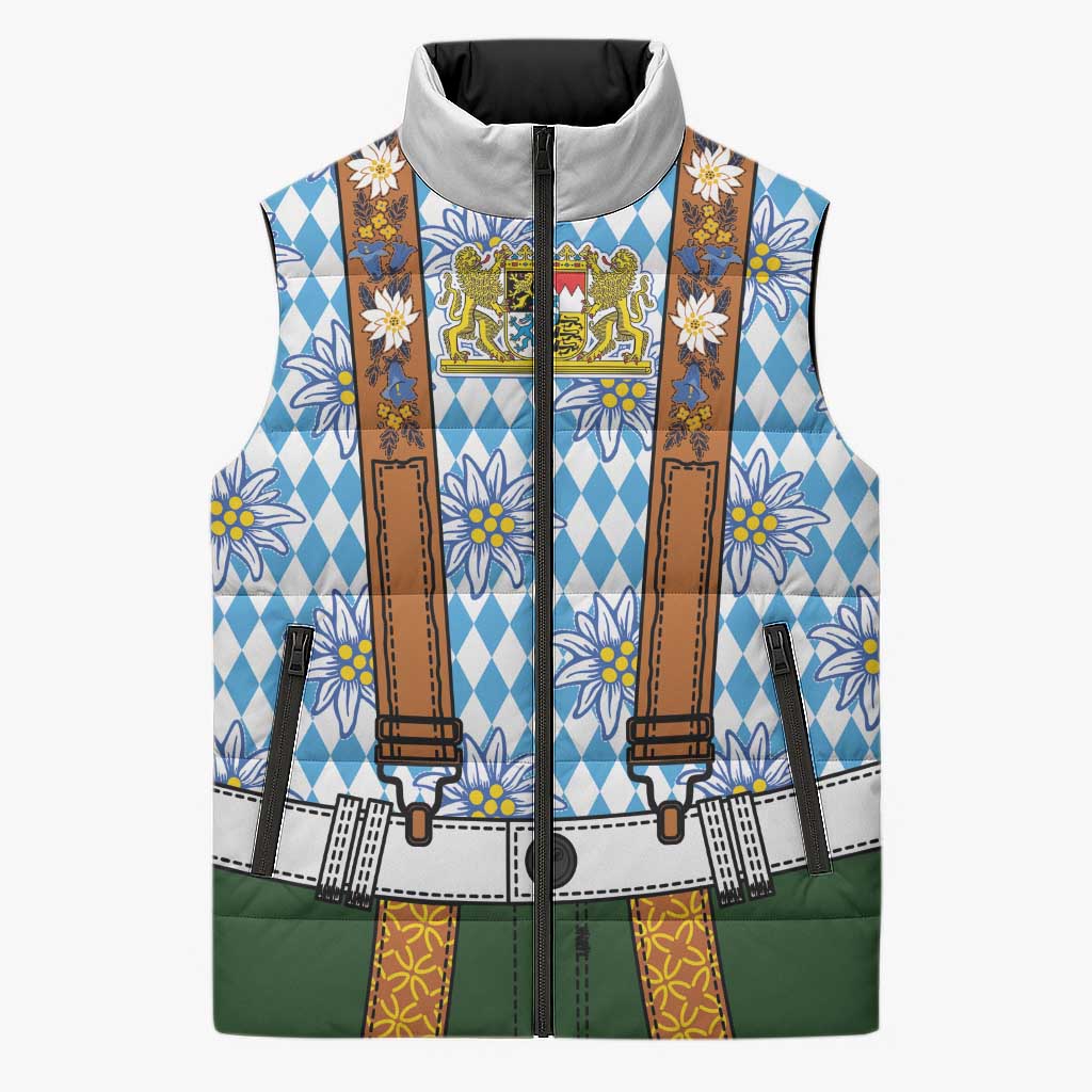 Bavarian Lederhosen Costume Style Sleeveless Puffer Jacket Edelweiss Rautenflagge Pattern - Wonder Print Shop
