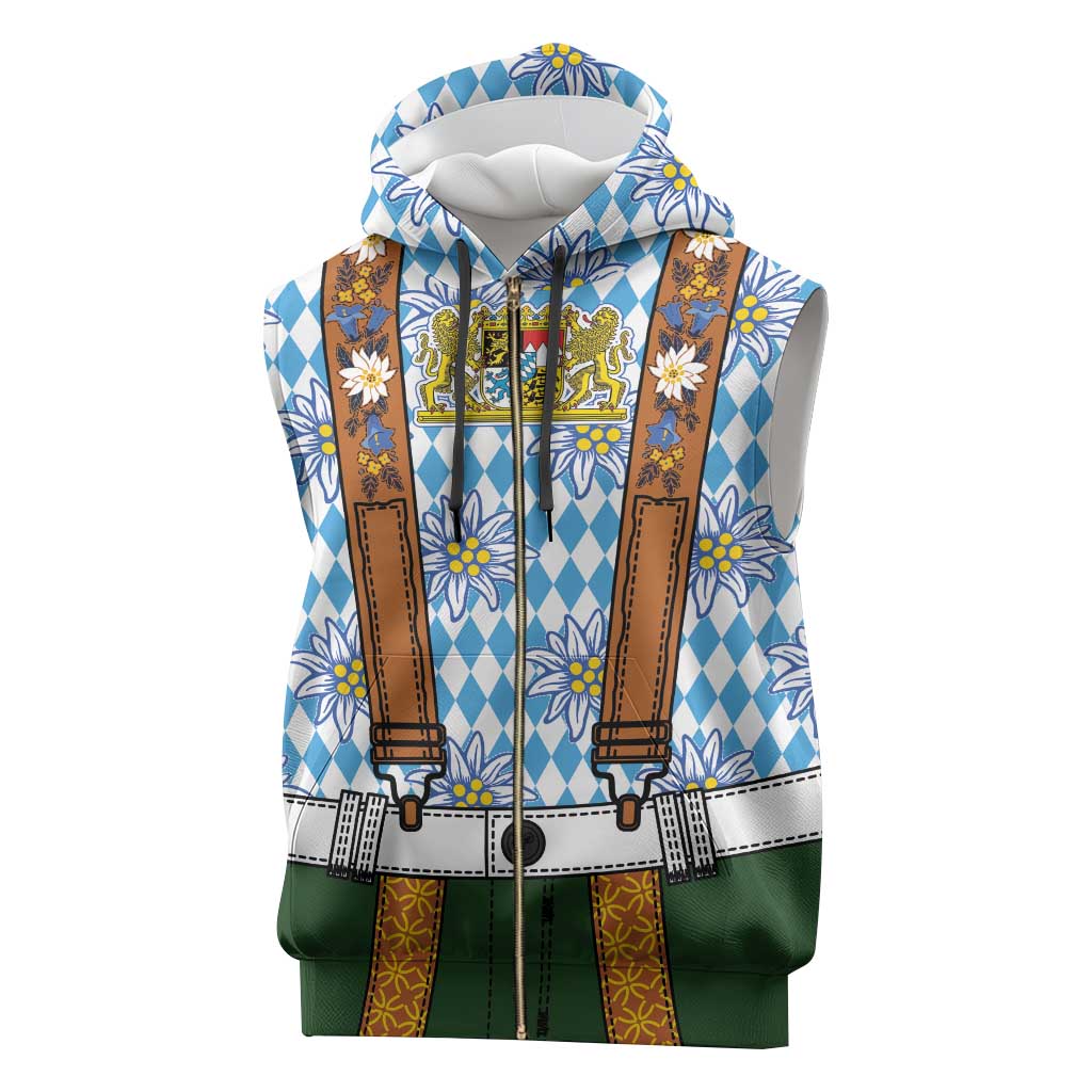 Bavarian Lederhosen Costume Style Sleeveless Zip Hoodie Edelweiss Rautenflagge Pattern - Wonder Print Shop