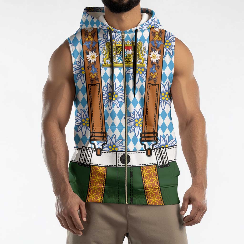 Bavarian Lederhosen Costume Style Sleeveless Zip Hoodie Edelweiss Rautenflagge Pattern - Wonder Print Shop