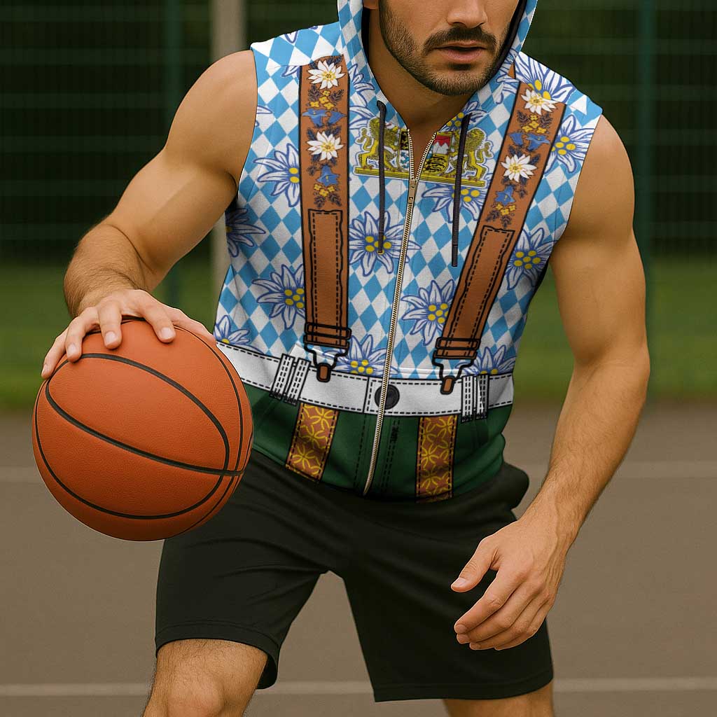 Bavarian Lederhosen Costume Style Sleeveless Zip Hoodie Edelweiss Rautenflagge Pattern - Wonder Print Shop