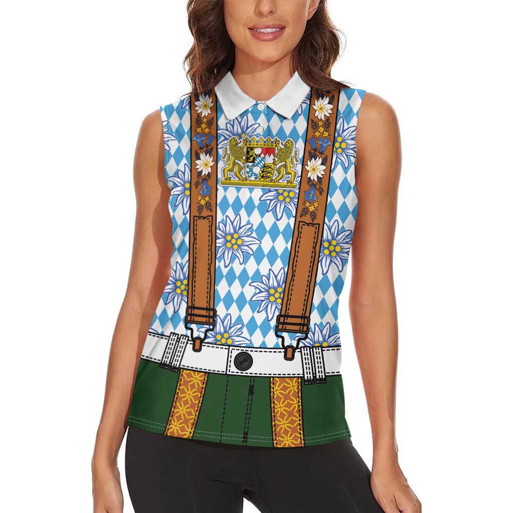 Bavarian Lederhosen Costume Style Women Sleeveless Polo Shirt Edelweiss Rautenflagge Pattern - Wonder Print Shop