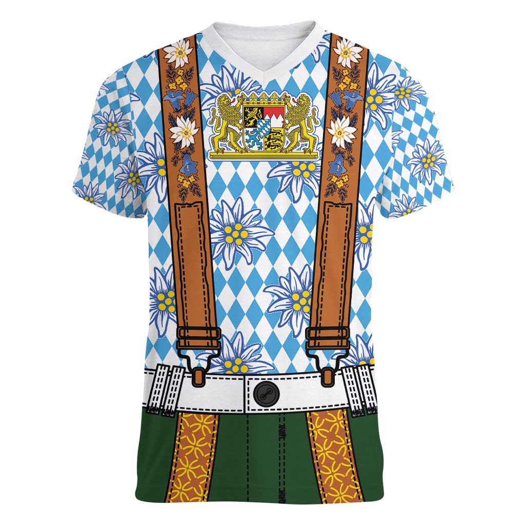Bavarian Lederhosen Costume Style Women V-Neck T-Shirt Edelweiss Rautenflagge Pattern - Wonder Print Shop