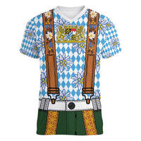 Bavarian Lederhosen Costume Style Women V-Neck T-Shirt Edelweiss Rautenflagge Pattern - Wonder Print Shop