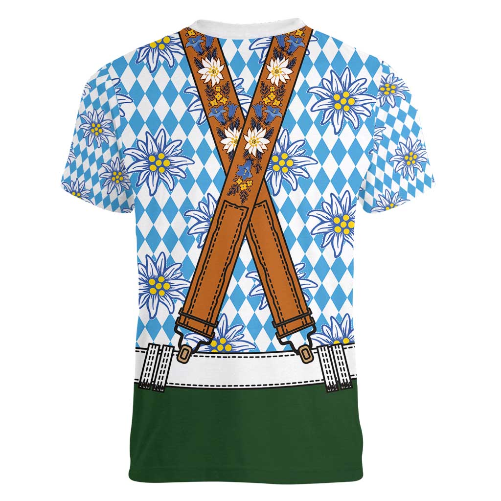 Bavarian Lederhosen Costume Style Women V-Neck T-Shirt Edelweiss Rautenflagge Pattern - Wonder Print Shop