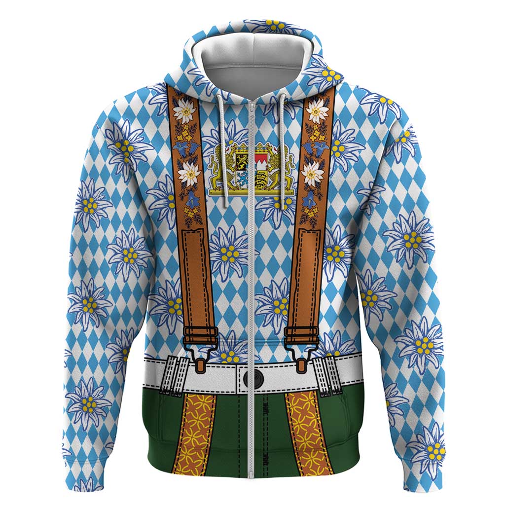 Bavarian Lederhosen Costume Style Zip Hoodie Edelweiss Rautenflagge Pattern - Wonder Print Shop