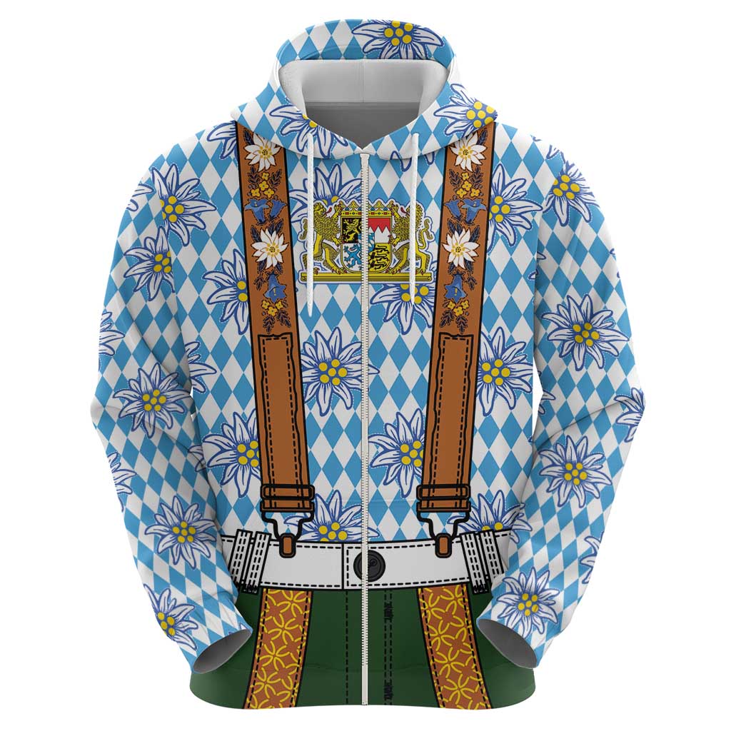 Bavarian Lederhosen Costume Style Zip Hoodie Edelweiss Rautenflagge Pattern - Wonder Print Shop