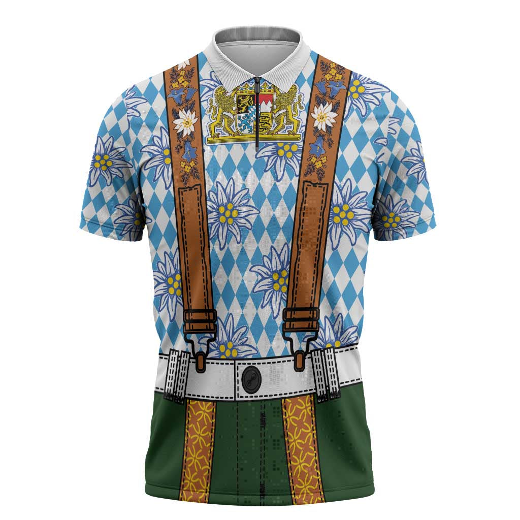 Bavarian Lederhosen Costume Style Zipper Polo Shirt Edelweiss Rautenflagge Pattern - Wonder Print Shop
