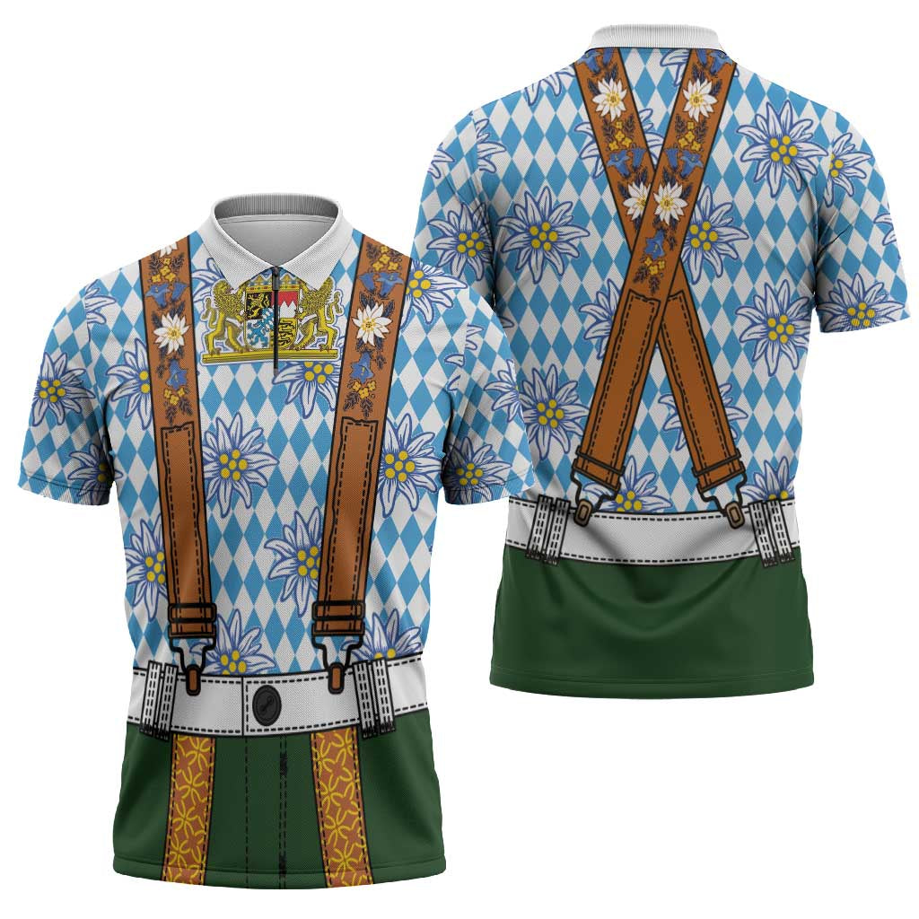 Bavarian Lederhosen Costume Style Zipper Polo Shirt Edelweiss Rautenflagge Pattern - Wonder Print Shop