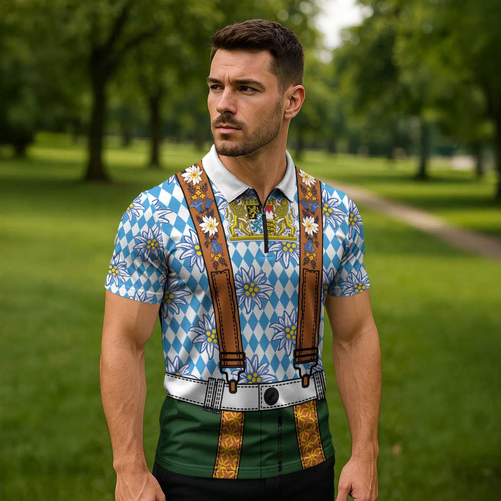 Bavarian Lederhosen Costume Style Zipper Polo Shirt Edelweiss Rautenflagge Pattern - Wonder Print Shop