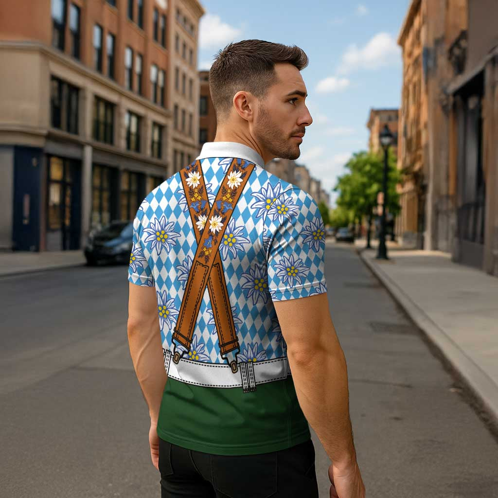 Bavarian Lederhosen Costume Style Zipper Polo Shirt Edelweiss Rautenflagge Pattern - Wonder Print Shop