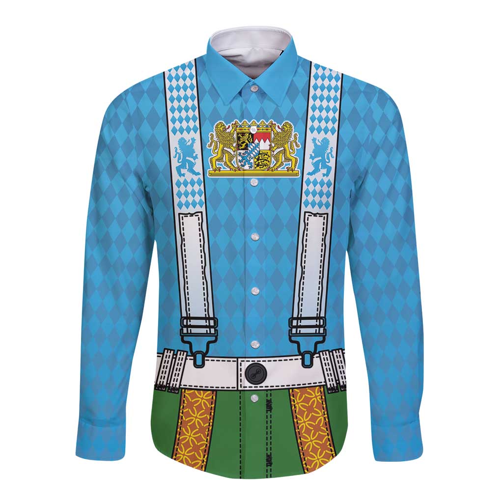 Bavarian Lederhosen Costume Style Long Sleeve Button Shirt Lions Rautenflagge Pattern - Wonder Print Shop