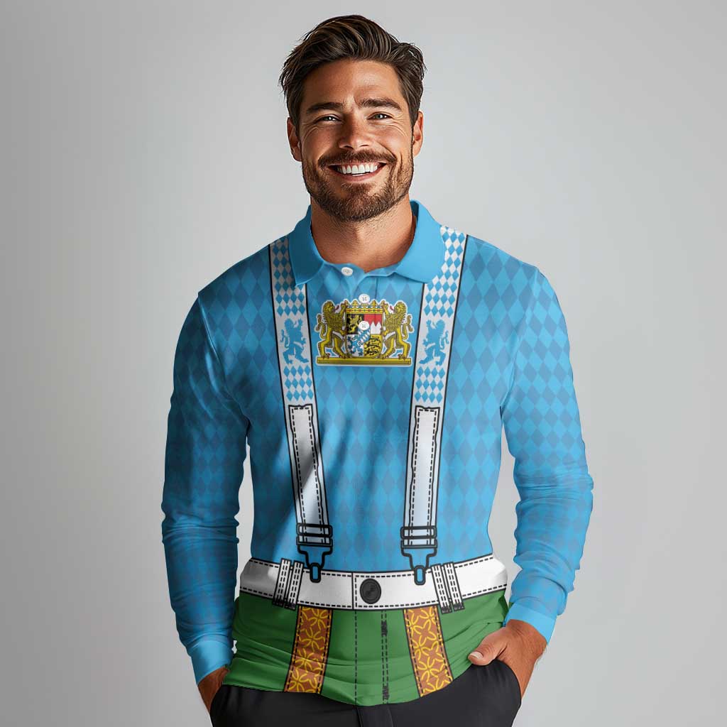 Bavarian Lederhosen Costume Style Long Sleeve Polo Shirt Lions Rautenflagge Pattern - Wonder Print Shop