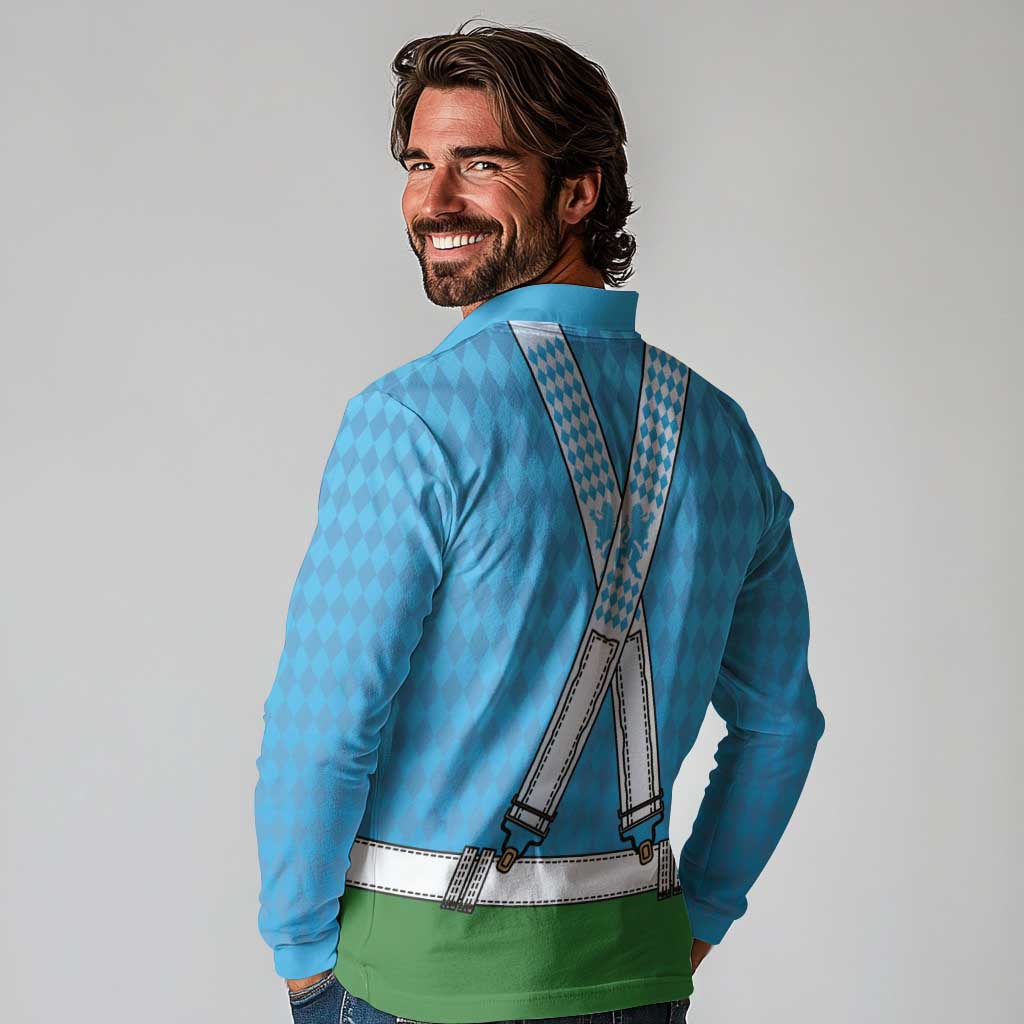 Bavarian Lederhosen Costume Style Long Sleeve Polo Shirt Lions Rautenflagge Pattern - Wonder Print Shop