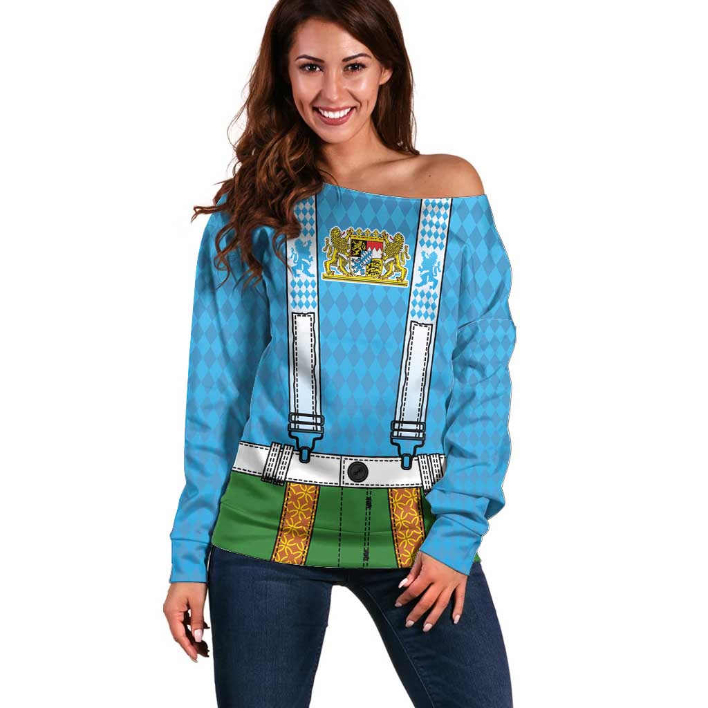 Bavarian Lederhosen Costume Style Off Shoulder Sweater Lions Rautenflagge Pattern - Wonder Print Shop