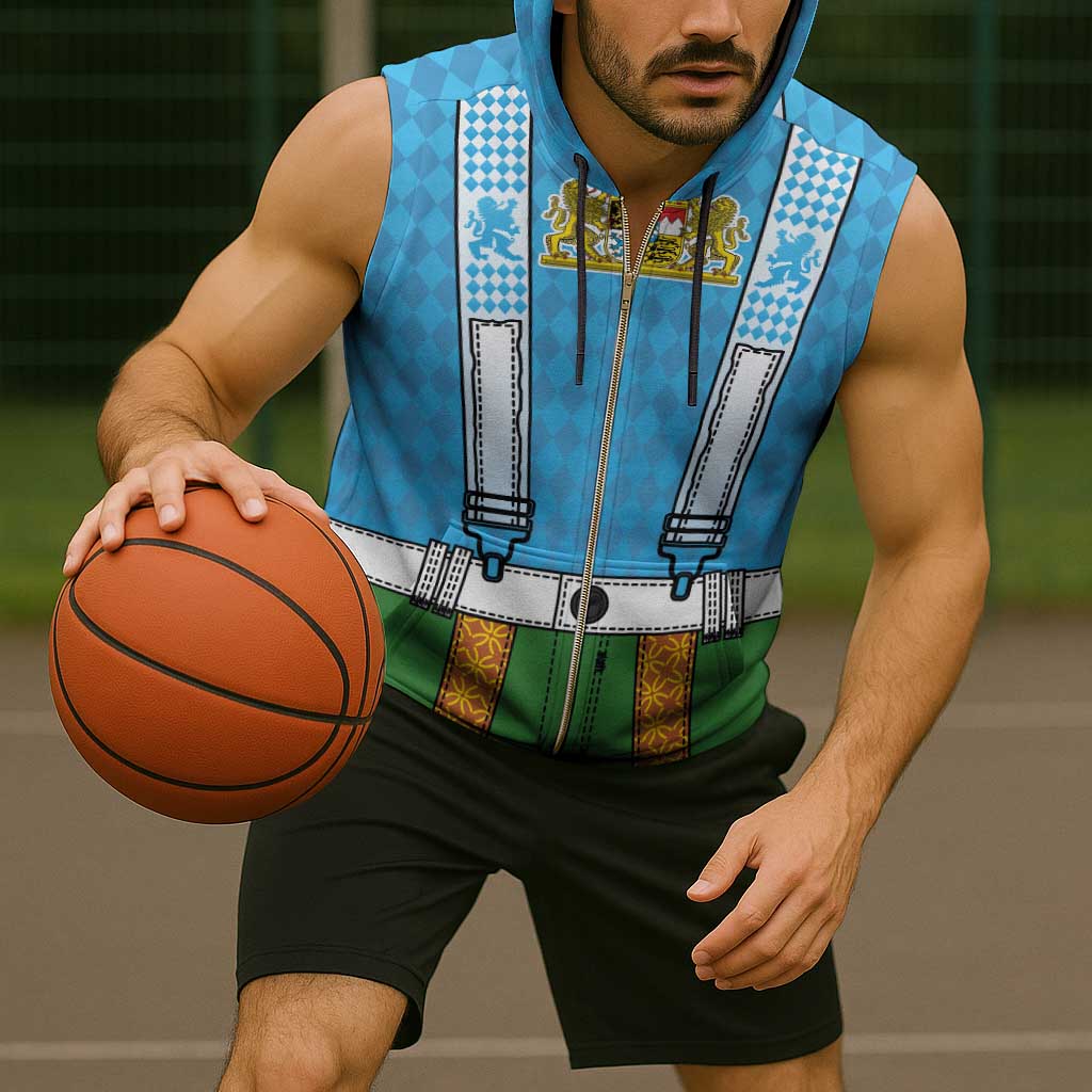 Bavarian Lederhosen Costume Style Sleeveless Zip Hoodie Lions Rautenflagge Pattern - Wonder Print Shop