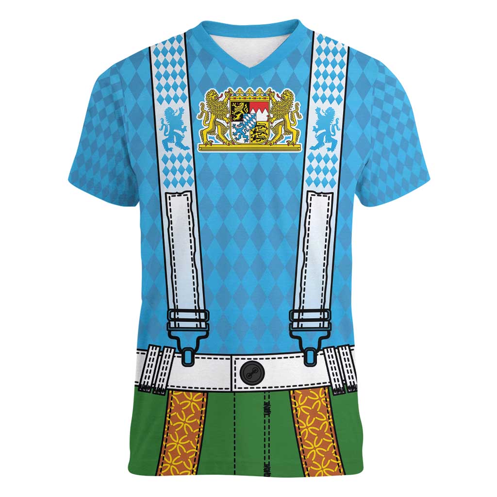 Bavarian Lederhosen Costume Style Women V-Neck T-Shirt Lions Rautenflagge Pattern - Wonder Print Shop