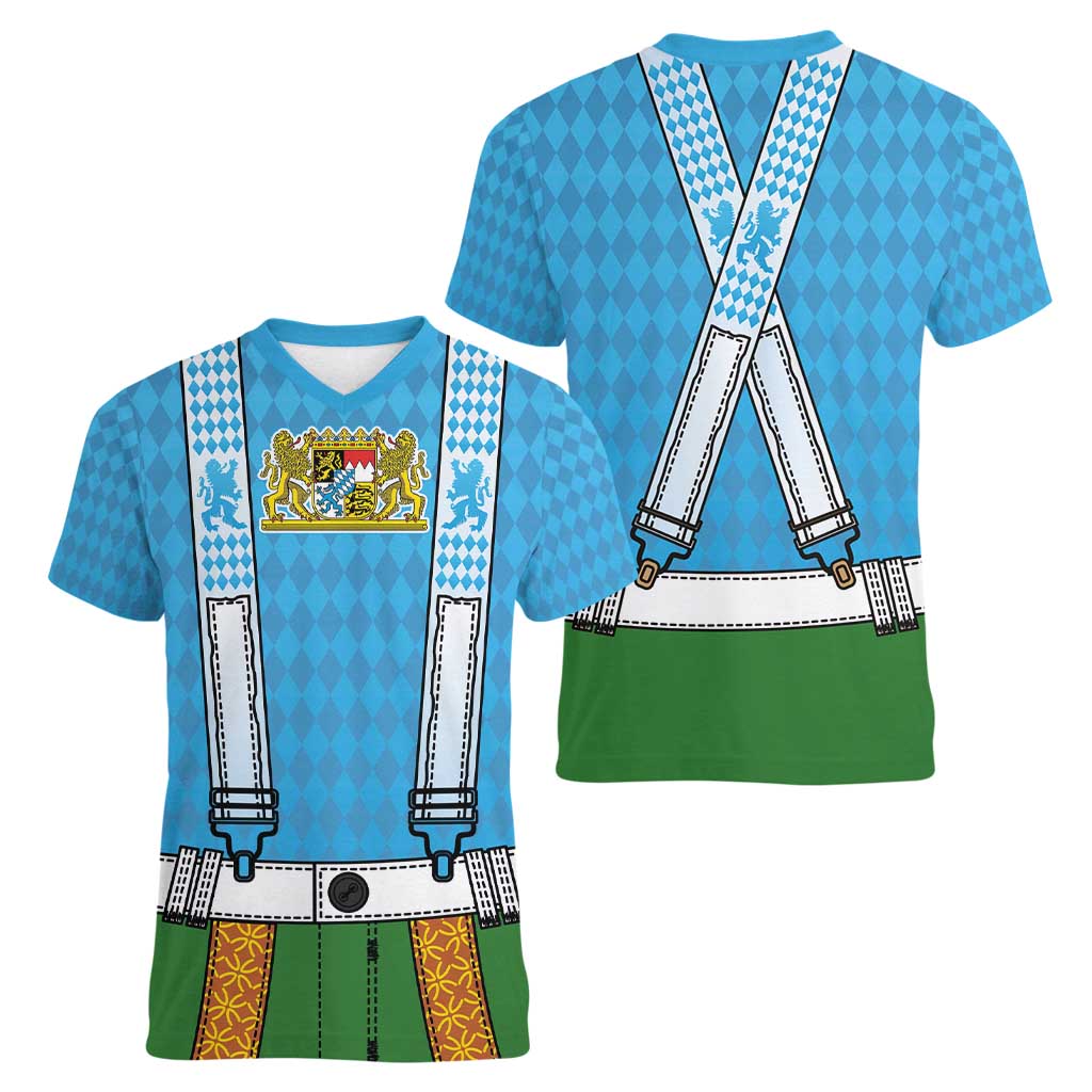 Bavarian Lederhosen Costume Style Women V-Neck T-Shirt Lions Rautenflagge Pattern - Wonder Print Shop
