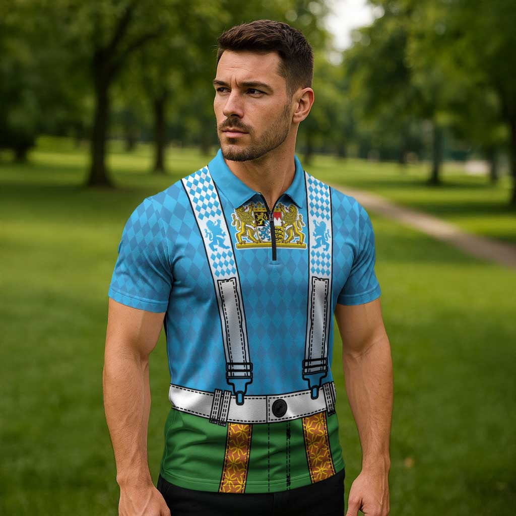 Bavarian Lederhosen Costume Style Zipper Polo Shirt Lions Rautenflagge Pattern - Wonder Print Shop