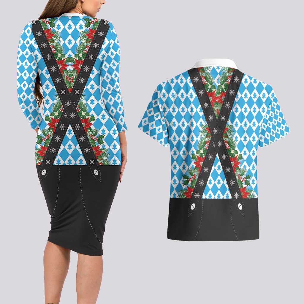German Christmas Couples Matching Long Sleeve Bodycon Dress and Hawaiian Shirt Lederhosen Weihnachten Style with Bavaria Pattern - Wonder Print Shop