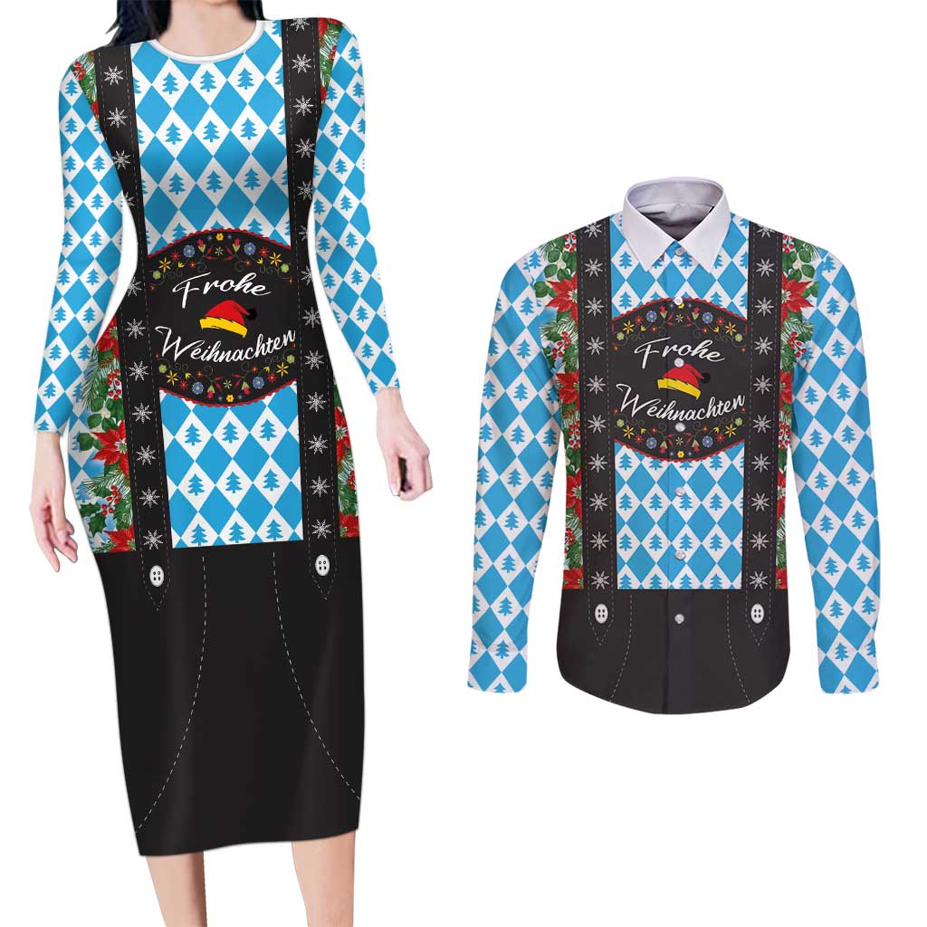 German Christmas Couples Matching Long Sleeve Bodycon Dress and Long Sleeve Button Shirt Lederhosen Weihnachten Style with Bavaria Pattern - Wonder Print Shop