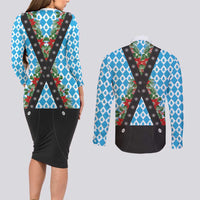 German Christmas Couples Matching Long Sleeve Bodycon Dress and Long Sleeve Button Shirt Lederhosen Weihnachten Style with Bavaria Pattern - Wonder Print Shop