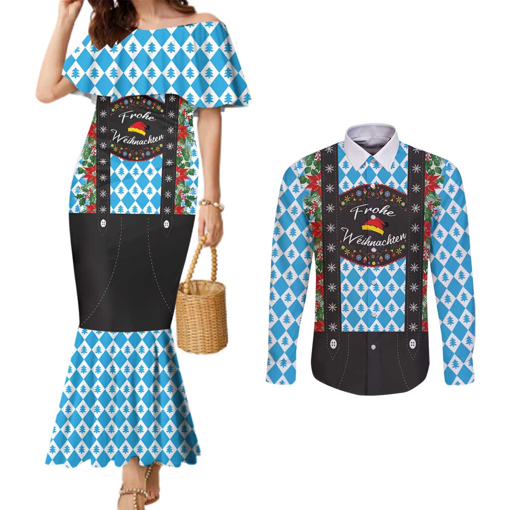 German Christmas Couples Matching Mermaid Dress and Long Sleeve Button Shirt Lederhosen Weihnachten Style with Bavaria Pattern