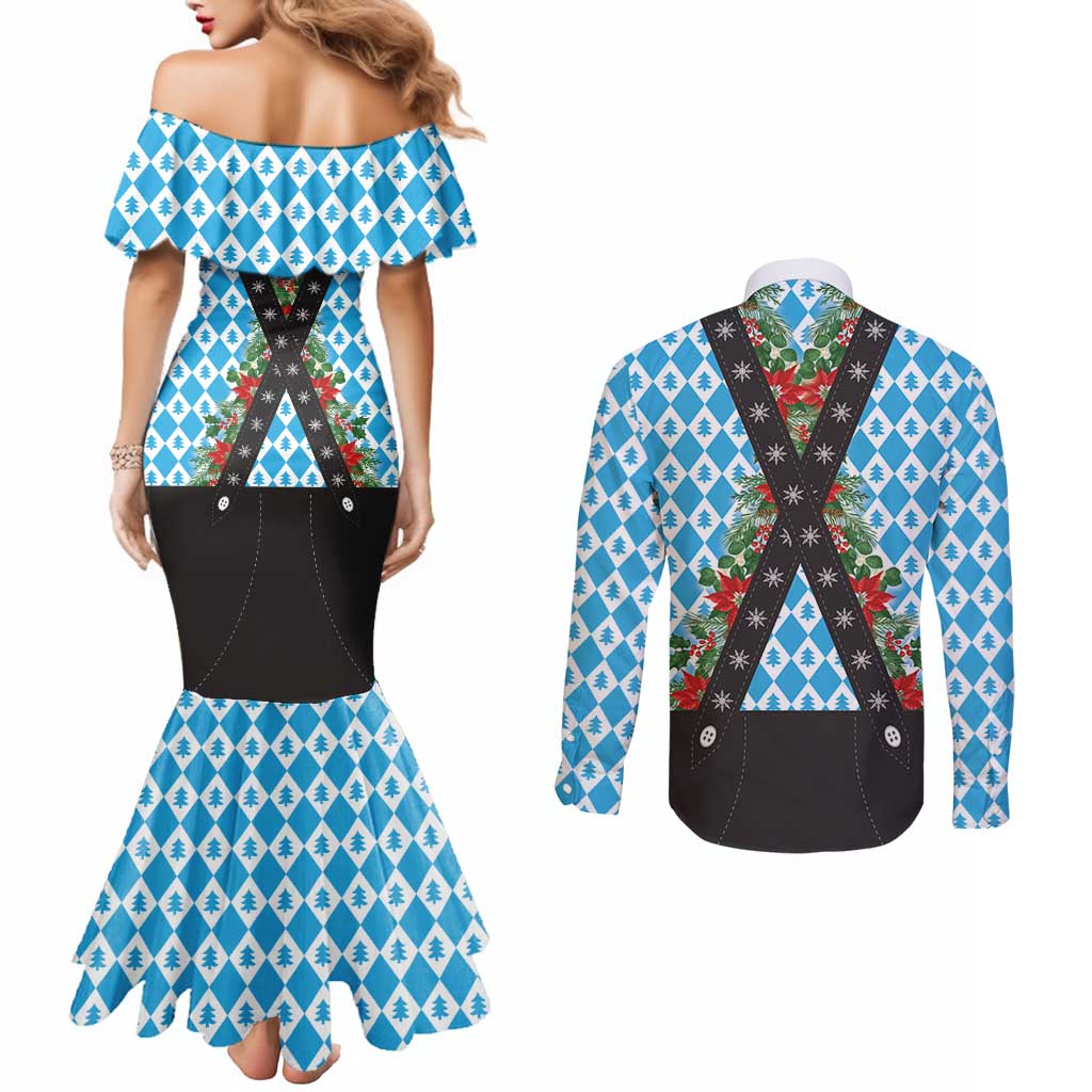 German Christmas Couples Matching Mermaid Dress and Long Sleeve Button Shirt Lederhosen Weihnachten Style with Bavaria Pattern