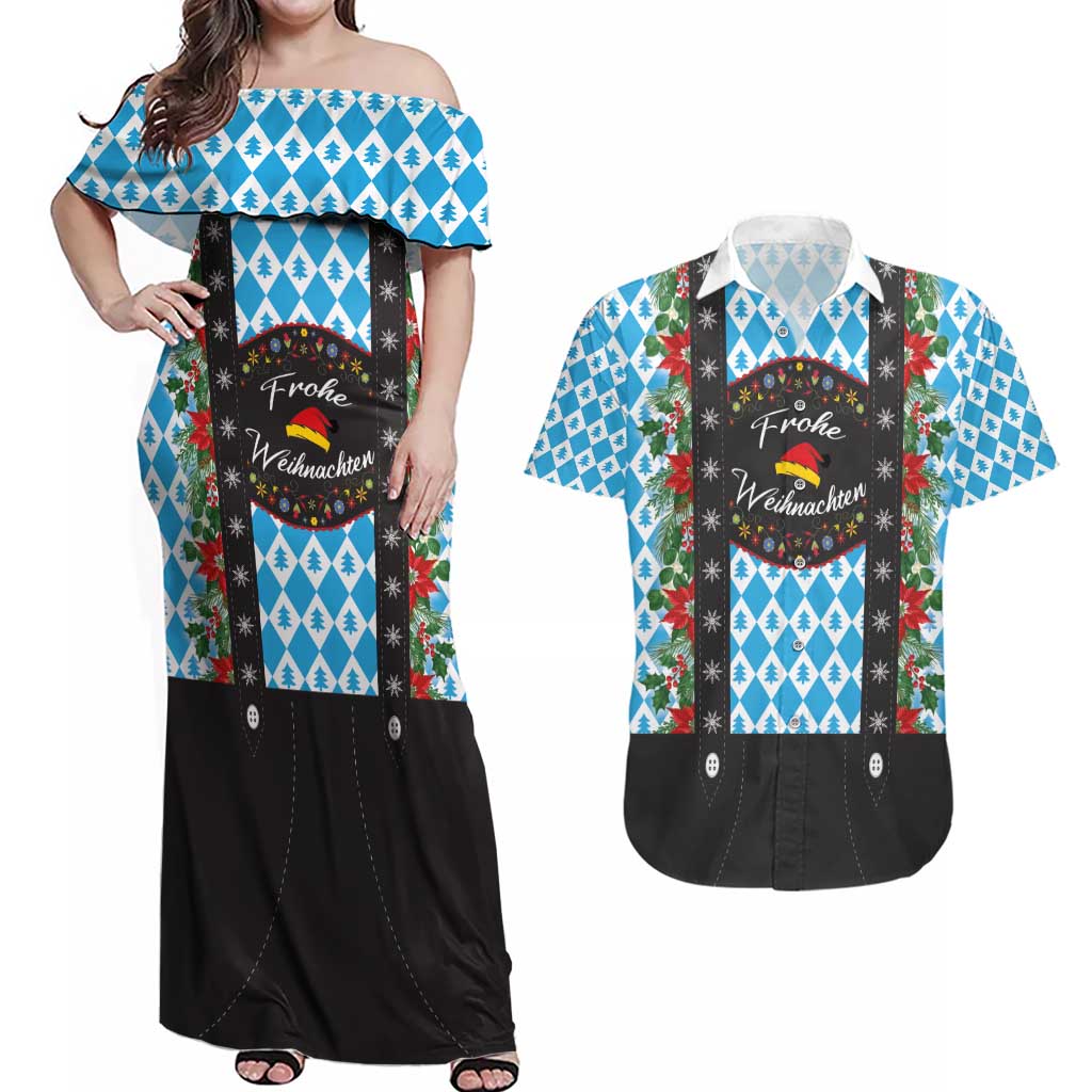 German Christmas Couples Matching Off Shoulder Maxi Dress and Hawaiian Shirt Lederhosen Weihnachten Style with Bavaria Pattern - Wonder Print Shop