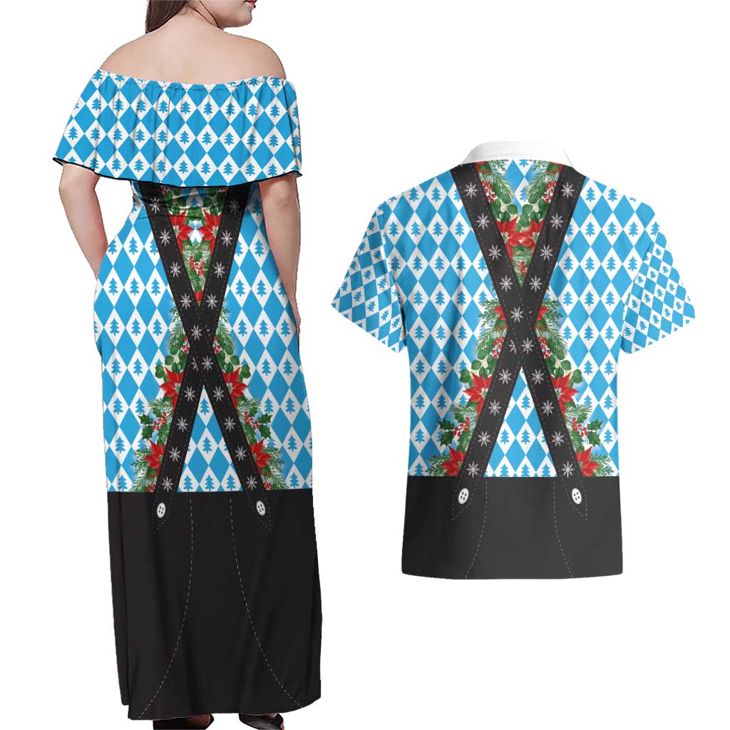German Christmas Couples Matching Off Shoulder Maxi Dress and Hawaiian Shirt Lederhosen Weihnachten Style with Bavaria Pattern - Wonder Print Shop