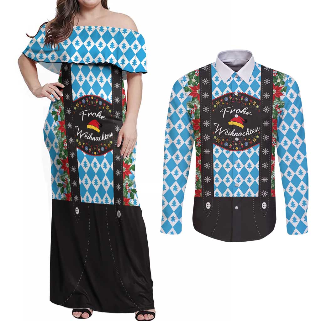 German Christmas Couples Matching Off Shoulder Maxi Dress and Long Sleeve Button Shirt Lederhosen Weihnachten Style with Bavaria Pattern - Wonder Print Shop