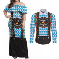 German Christmas Couples Matching Off Shoulder Maxi Dress and Long Sleeve Button Shirt Lederhosen Weihnachten Style with Bavaria Pattern - Wonder Print Shop