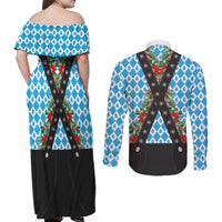 German Christmas Couples Matching Off Shoulder Maxi Dress and Long Sleeve Button Shirt Lederhosen Weihnachten Style with Bavaria Pattern - Wonder Print Shop
