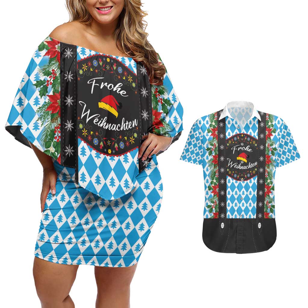 German Christmas Couples Matching Off Shoulder Short Dress and Hawaiian Shirt Lederhosen Weihnachten Style with Bavaria Pattern - Wonder Print Shop