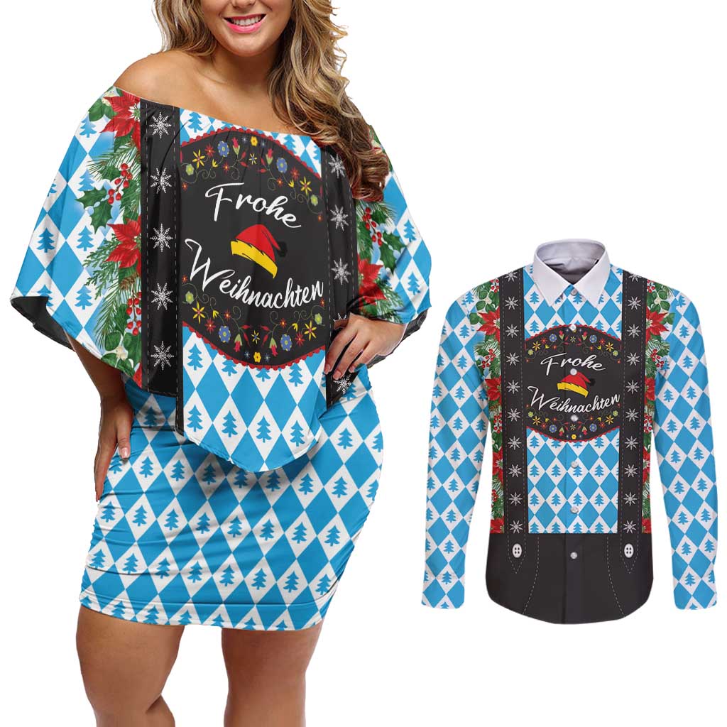 German Christmas Couples Matching Off Shoulder Short Dress and Long Sleeve Button Shirt Lederhosen Weihnachten Style with Bavaria Pattern - Wonder Print Shop