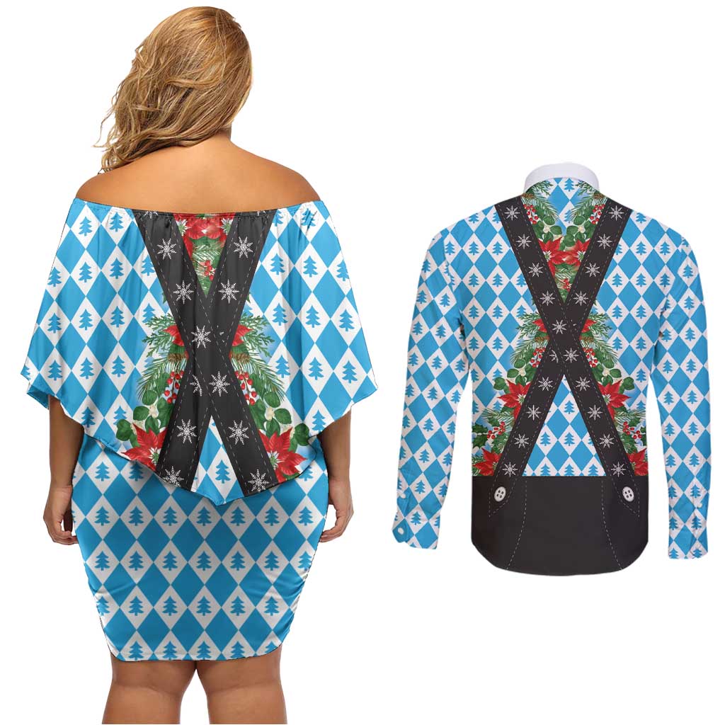 German Christmas Couples Matching Off Shoulder Short Dress and Long Sleeve Button Shirt Lederhosen Weihnachten Style with Bavaria Pattern - Wonder Print Shop