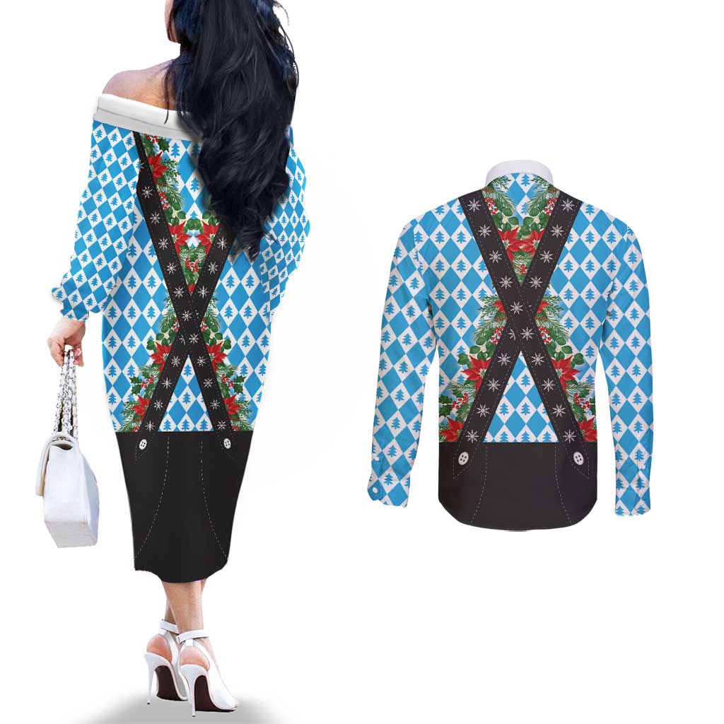 German Christmas Couples Matching Off The Shoulder Long Sleeve Dress and Long Sleeve Button Shirt Lederhosen Weihnachten Style with Bavaria Pattern