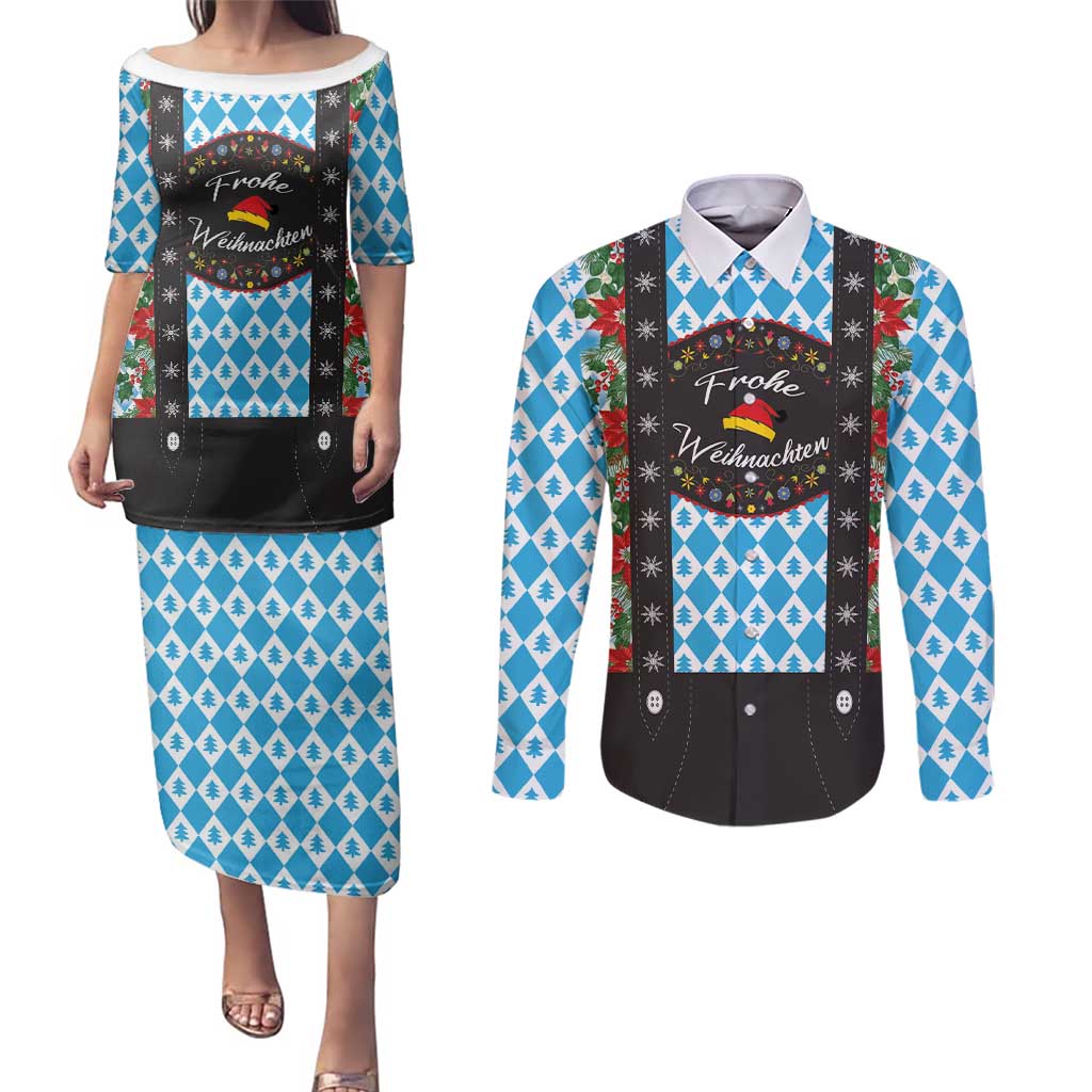 German Christmas Couples Matching Puletasi and Long Sleeve Button Shirt Lederhosen Weihnachten Style with Bavaria Pattern - Wonder Print Shop