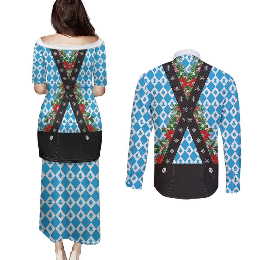 German Christmas Couples Matching Puletasi and Long Sleeve Button Shirt Lederhosen Weihnachten Style with Bavaria Pattern - Wonder Print Shop