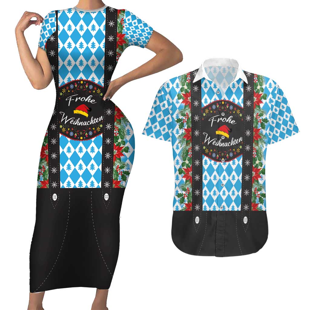 German Christmas Couples Matching Short Sleeve Bodycon Dress and Hawaiian Shirt Lederhosen Weihnachten Style with Bavaria Pattern - Wonder Print Shop